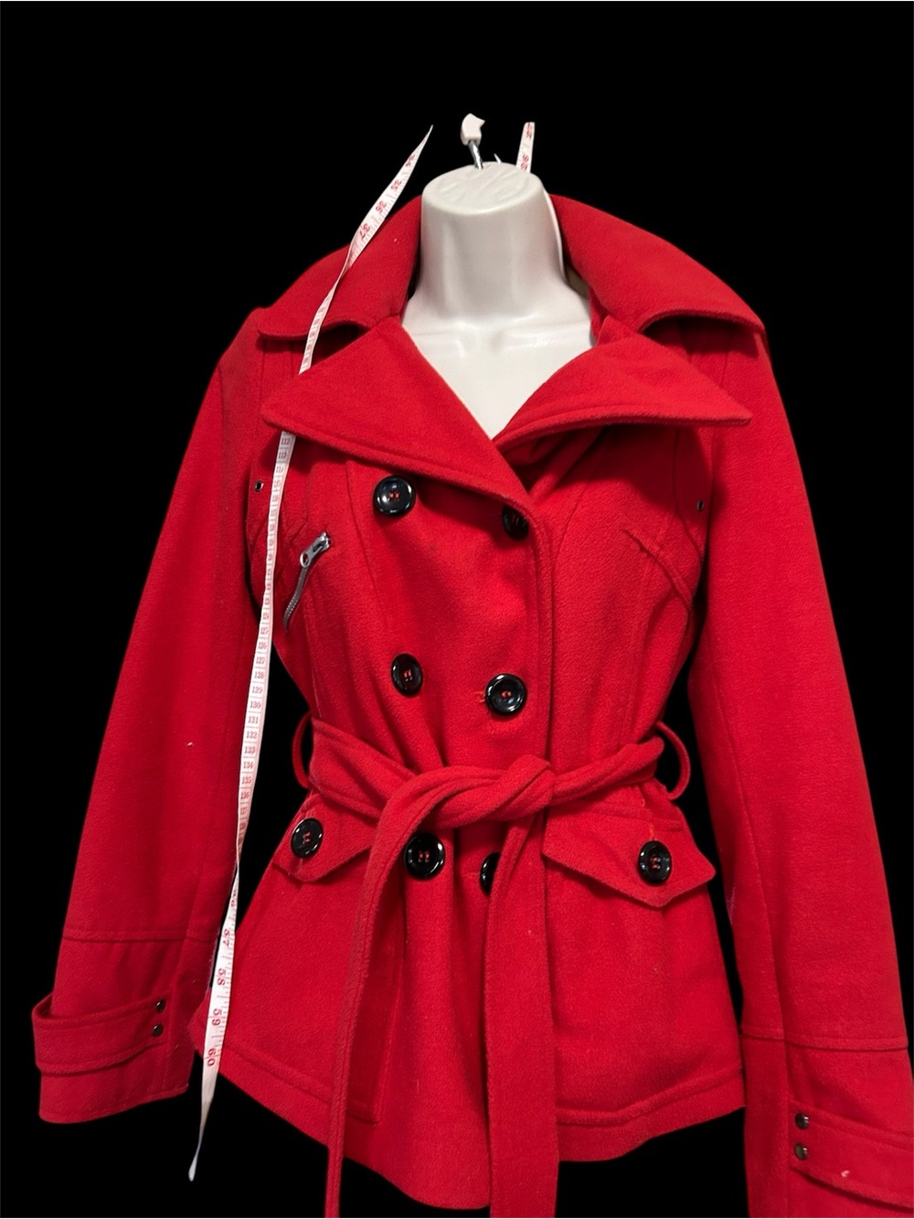 Marley and Me Women's Red Double-Breasted Peacoat with Self Tie Waist